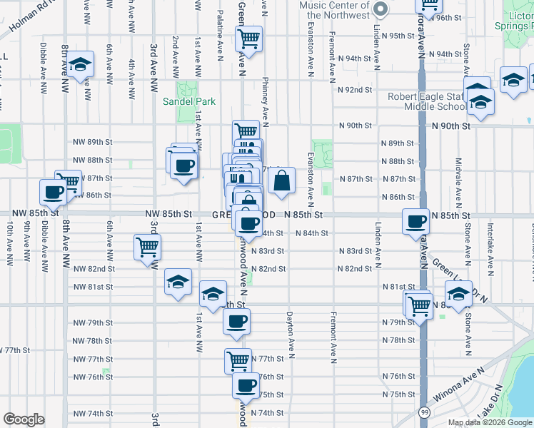 map of restaurants, bars, coffee shops, grocery stores, and more near North 85th Street & Phinney Avenue North in Seattle
