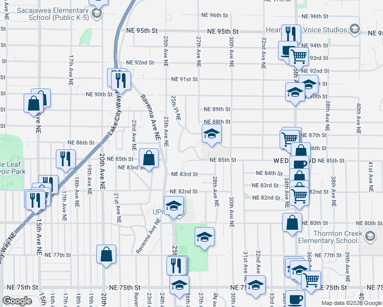map of restaurants, bars, coffee shops, grocery stores, and more near 2618 Northeast 86th Street in Seattle