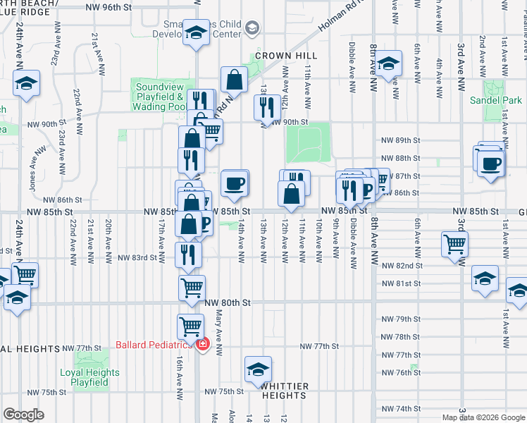 map of restaurants, bars, coffee shops, grocery stores, and more near 13th Avenue Northwest in Seattle