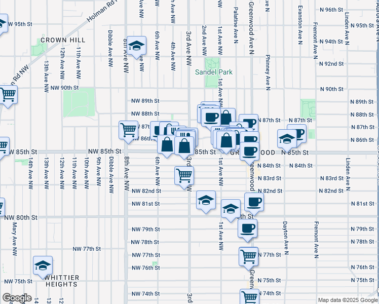 map of restaurants, bars, coffee shops, grocery stores, and more near 3rd Avenue Northwest & Northwest 85th Street in Seattle