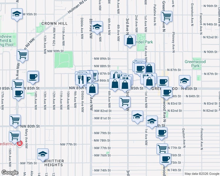 map of restaurants, bars, coffee shops, grocery stores, and more near 6th Ave NW & NW 85th St in Seattle