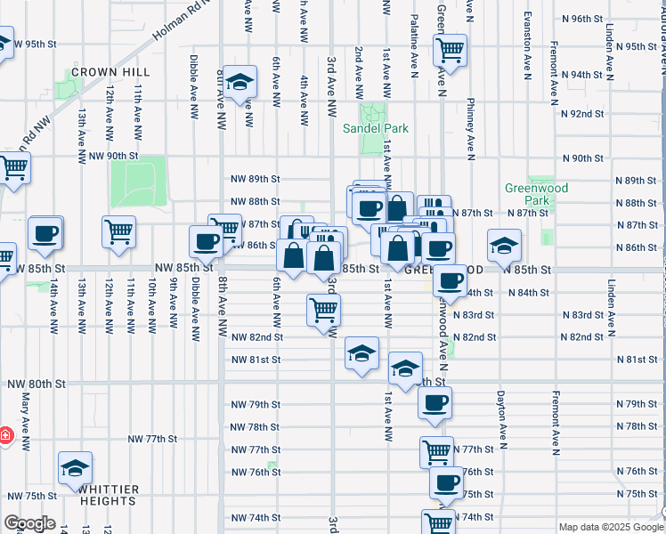 map of restaurants, bars, coffee shops, grocery stores, and more near 300 Northwest 85th Street in Seattle