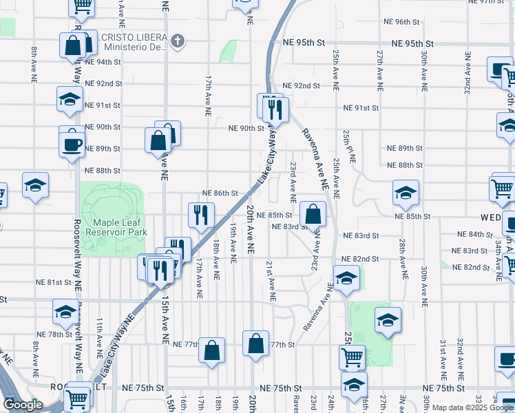map of restaurants, bars, coffee shops, grocery stores, and more near 8512 20th Avenue Northeast in Seattle