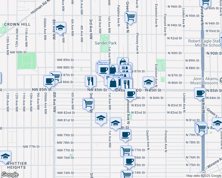map of restaurants, bars, coffee shops, grocery stores, and more near 8510 1st Avenue Northwest in Seattle