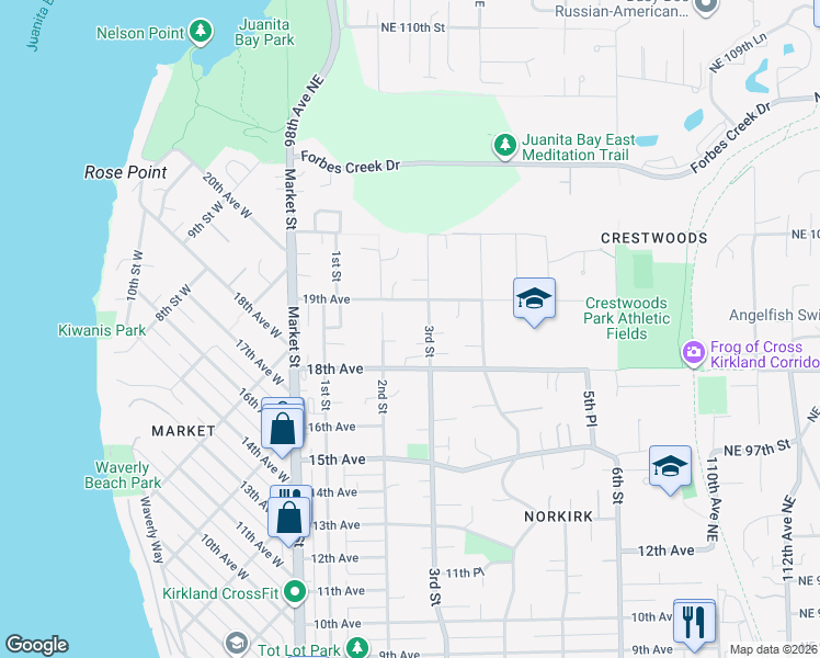 map of restaurants, bars, coffee shops, grocery stores, and more near 1833 3rd Street in Kirkland