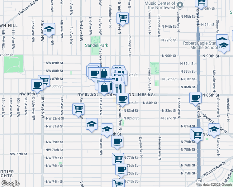 map of restaurants, bars, coffee shops, grocery stores, and more near 208 North 85th Street in Seattle
