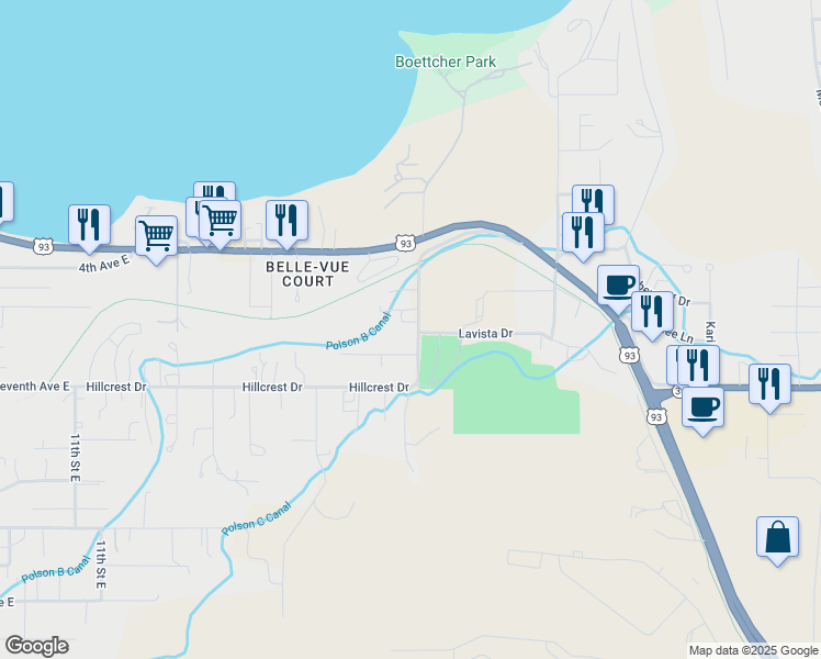 map of restaurants, bars, coffee shops, grocery stores, and more near 2203 Hillcrest Drive in Polson
