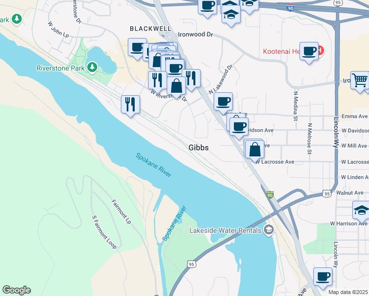 map of restaurants, bars, coffee shops, grocery stores, and more near 1519 Bellerive Lane in Coeur d'Alene