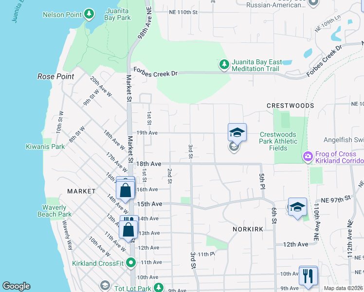 map of restaurants, bars, coffee shops, grocery stores, and more near 1839 3rd Street in Kirkland