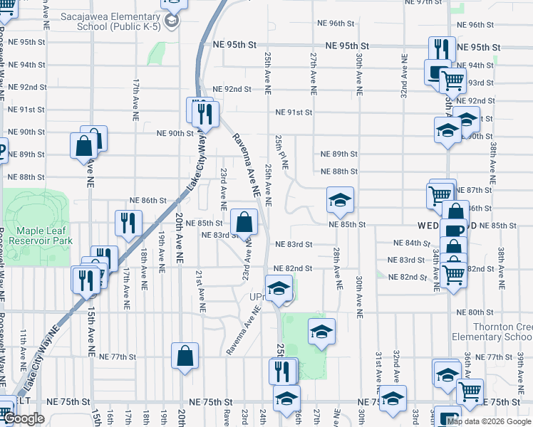 map of restaurants, bars, coffee shops, grocery stores, and more near 8615 26th Avenue Northeast in Seattle
