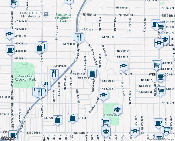map of restaurants, bars, coffee shops, grocery stores, and more near 8540 23rd Avenue Northeast in Seattle