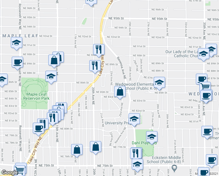 map of restaurants, bars, coffee shops, grocery stores, and more near 8540 23rd Avenue Northeast in Seattle