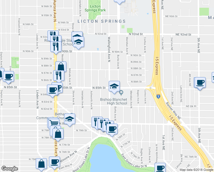 map of restaurants, bars, coffee shops, grocery stores, and more near in Seattle