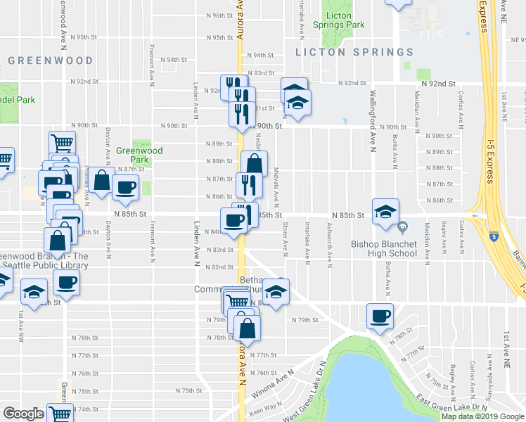 map of restaurants, bars, coffee shops, grocery stores, and more near 8516 Nesbit Avenue North in Seattle