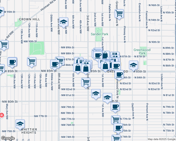 map of restaurants, bars, coffee shops, grocery stores, and more near 300 Northwest 85th Street in Seattle