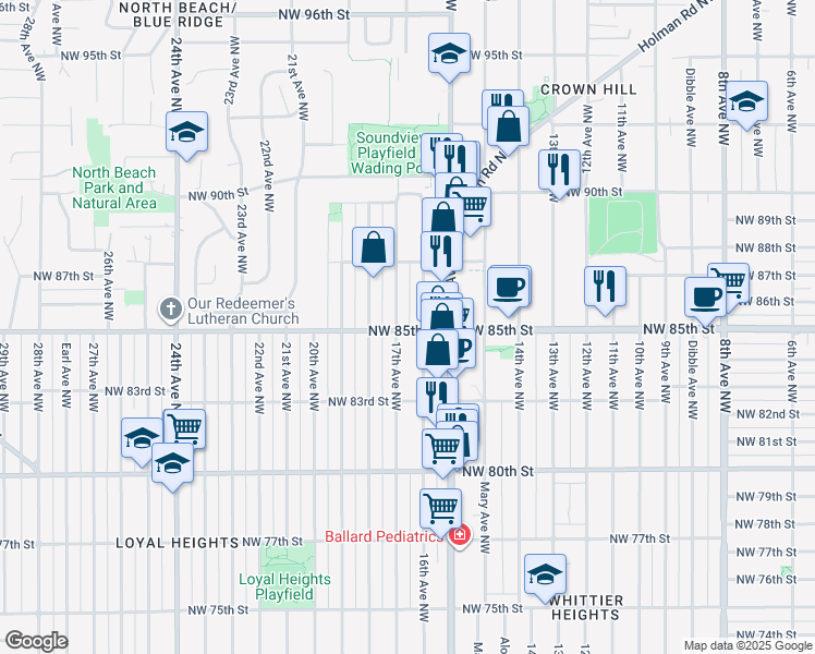 map of restaurants, bars, coffee shops, grocery stores, and more near 8510 17th Avenue Northwest in Seattle