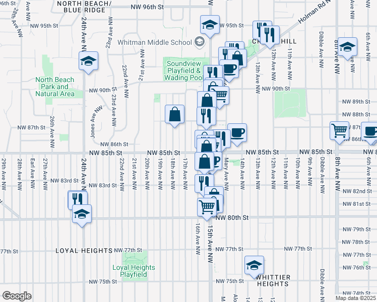 map of restaurants, bars, coffee shops, grocery stores, and more near 8510 17th Avenue Northwest in Seattle