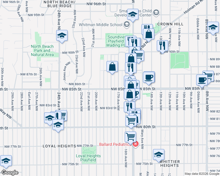 map of restaurants, bars, coffee shops, grocery stores, and more near 8511 18th Avenue Northwest in Seattle