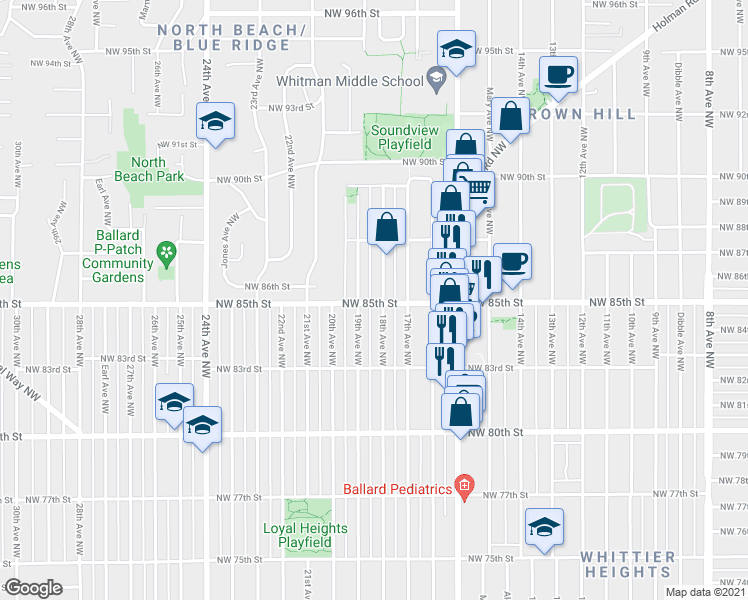 map of restaurants, bars, coffee shops, grocery stores, and more near 1810 Northwest 85th Street in Seattle
