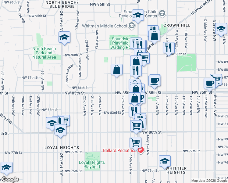 map of restaurants, bars, coffee shops, grocery stores, and more near 8511 18th Avenue Northwest in Seattle
