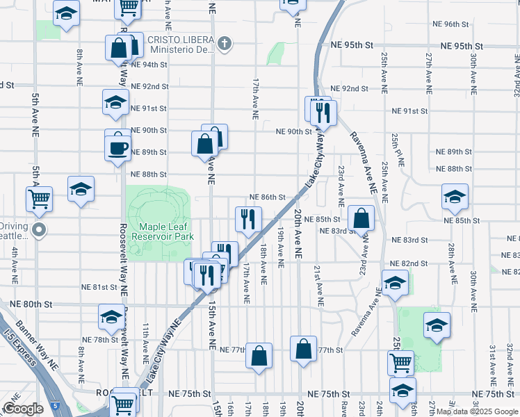 map of restaurants, bars, coffee shops, grocery stores, and more near 8512 17th Avenue Northeast in Seattle