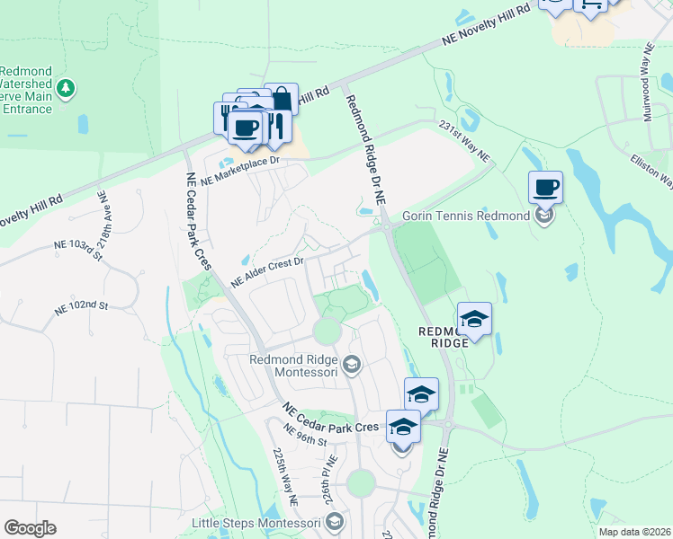 map of restaurants, bars, coffee shops, grocery stores, and more near 22627 Northeast Alder Crest Drive in Redmond