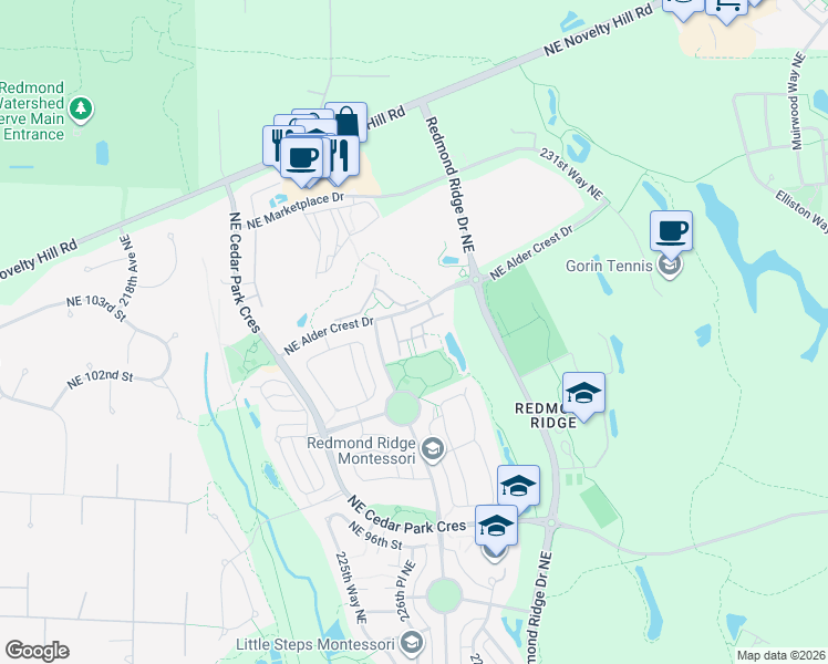 map of restaurants, bars, coffee shops, grocery stores, and more near 22627 Northeast Alder Crest Drive in Redmond
