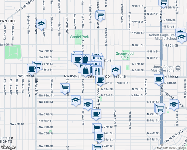 map of restaurants, bars, coffee shops, grocery stores, and more near 8528 Palatine Avenue North in Seattle