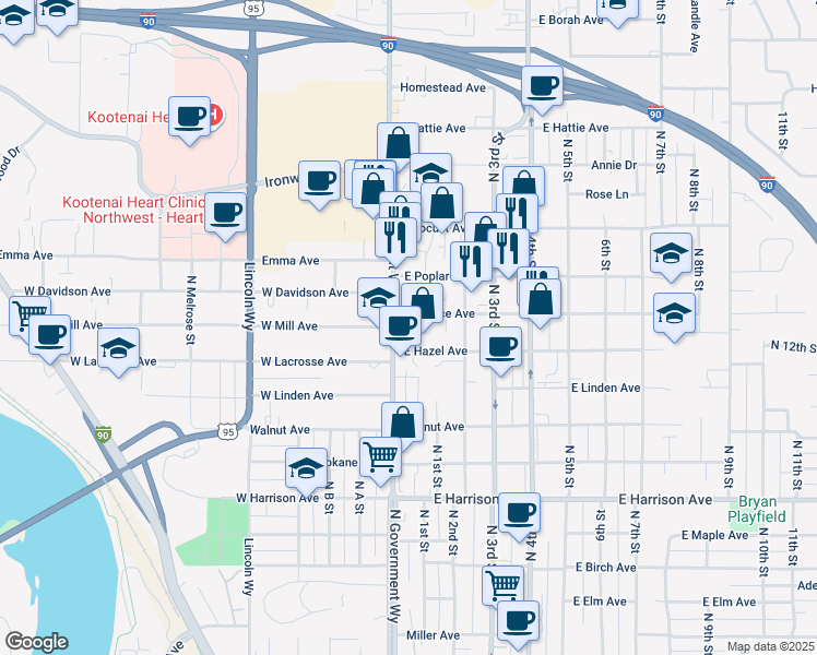 map of restaurants, bars, coffee shops, grocery stores, and more near 1620 North Government Way in Coeur d'Alene