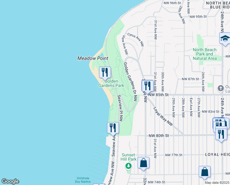 map of restaurants, bars, coffee shops, grocery stores, and more near Golden Gardens Park Road in Seattle