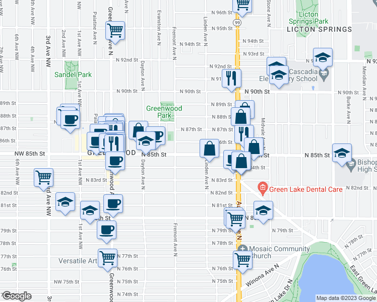 map of restaurants, bars, coffee shops, grocery stores, and more near 722 North 85th Street in Seattle