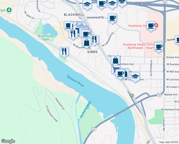 map of restaurants, bars, coffee shops, grocery stores, and more near 1519 Bellerive Lane in Coeur d'Alene
