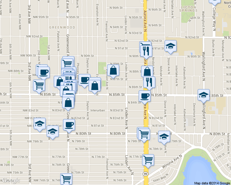 map of restaurants, bars, coffee shops, grocery stores, and more near 722 North 85th Street in Seattle
