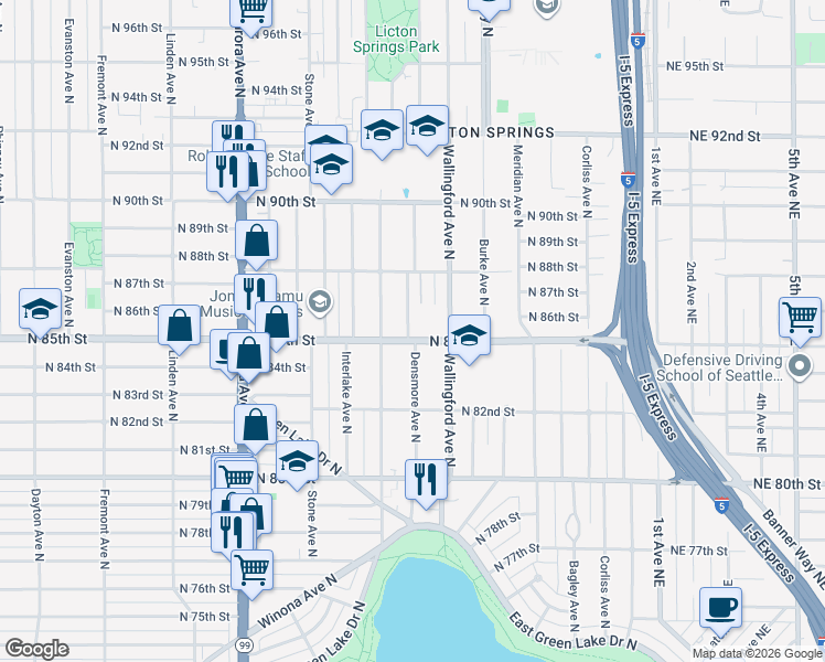 map of restaurants, bars, coffee shops, grocery stores, and more near 8513 Densmore Avenue North in Seattle