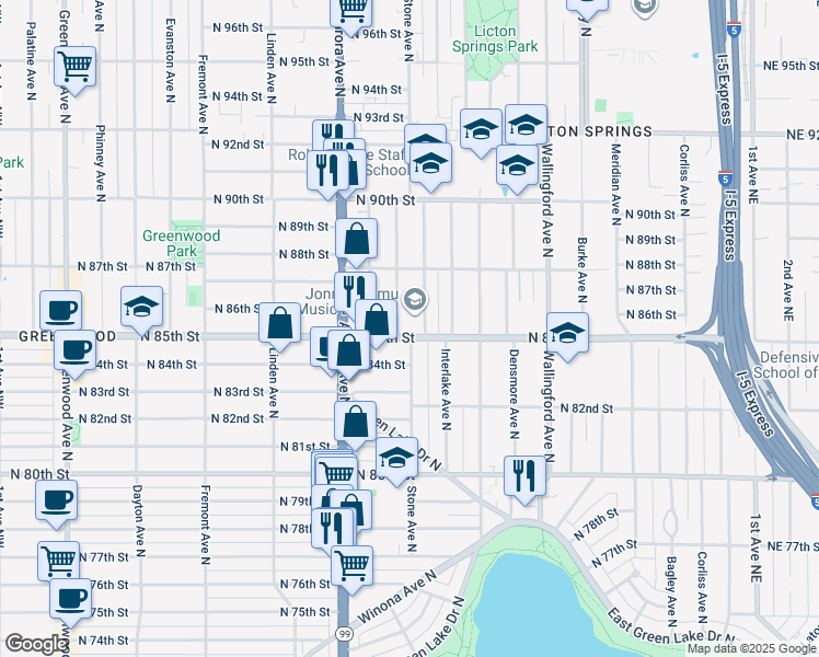 map of restaurants, bars, coffee shops, grocery stores, and more near 8513B Stone Avenue North in Seattle