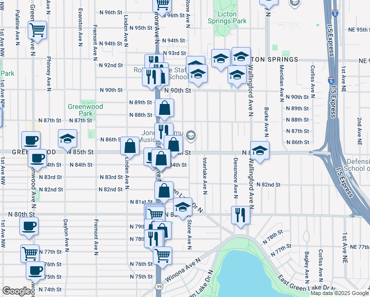 map of restaurants, bars, coffee shops, grocery stores, and more near 8513B Stone Avenue North in Seattle
