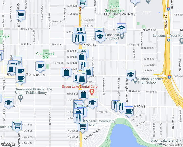 map of restaurants, bars, coffee shops, grocery stores, and more near 8516 Nesbit Avenue North in Seattle