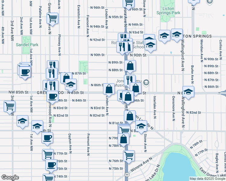 map of restaurants, bars, coffee shops, grocery stores, and more near 929 North 86th Street in Seattle