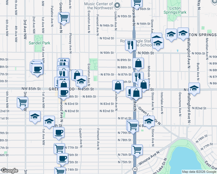 map of restaurants, bars, coffee shops, grocery stores, and more near 721 North 86th Street in Seattle
