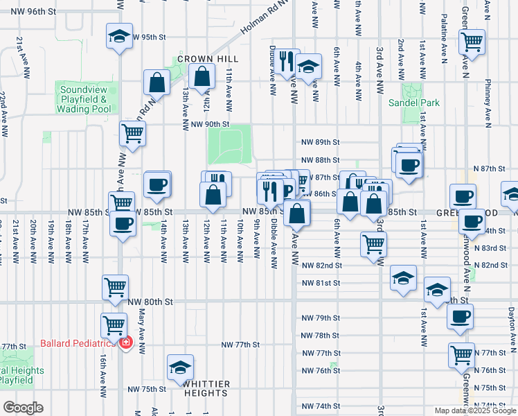 map of restaurants, bars, coffee shops, grocery stores, and more near 8509 9th Avenue Northwest in Seattle
