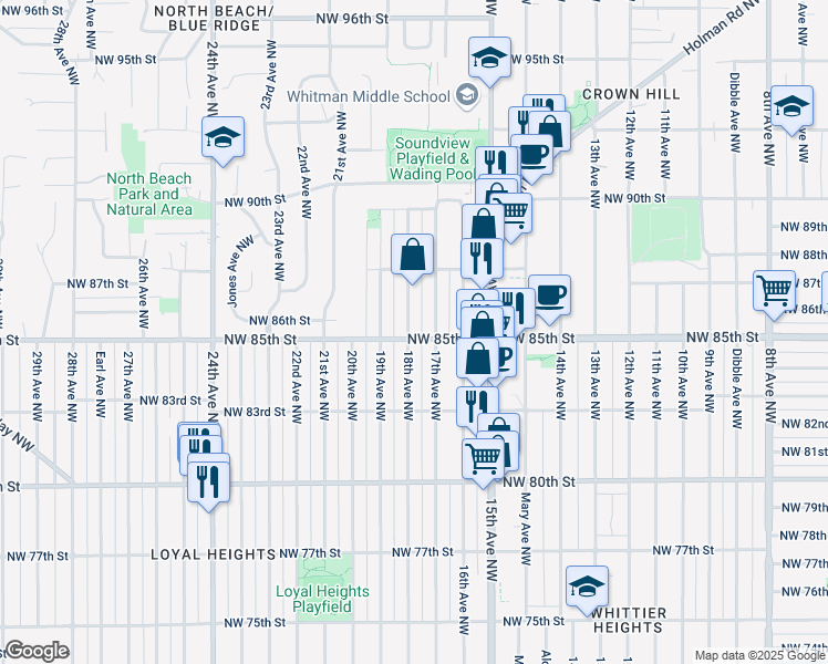 map of restaurants, bars, coffee shops, grocery stores, and more near 8511 18th Avenue Northwest in Seattle