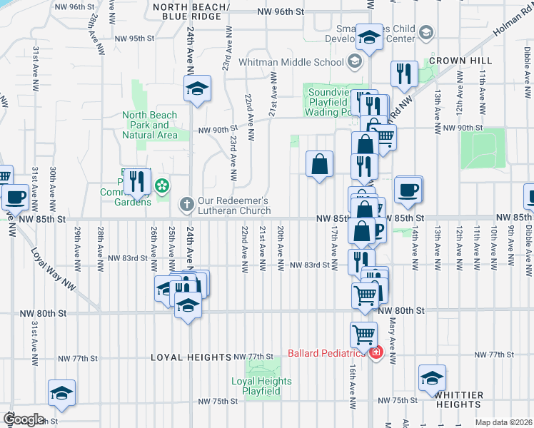 map of restaurants, bars, coffee shops, grocery stores, and more near 8505 21st Avenue Northwest in Seattle