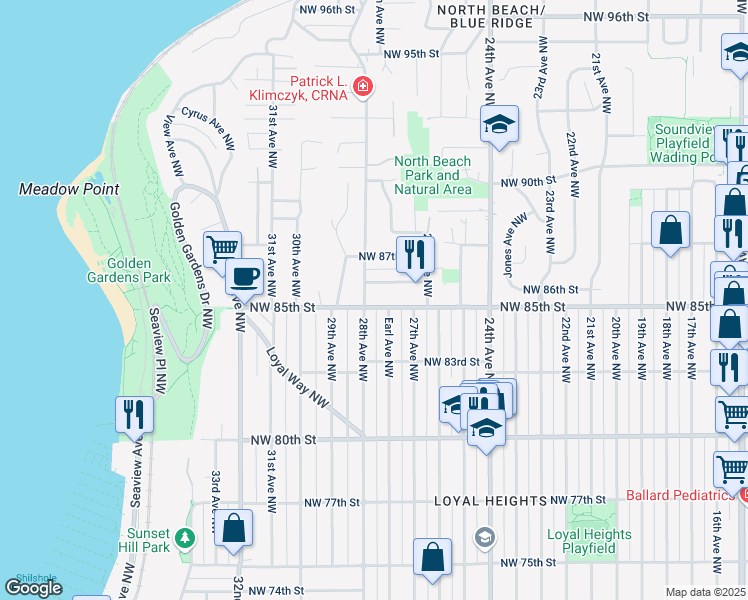 map of restaurants, bars, coffee shops, grocery stores, and more near 2655 Northwest 86th Street in Seattle