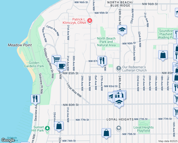 map of restaurants, bars, coffee shops, grocery stores, and more near 2655 Northwest 86th Street in Seattle