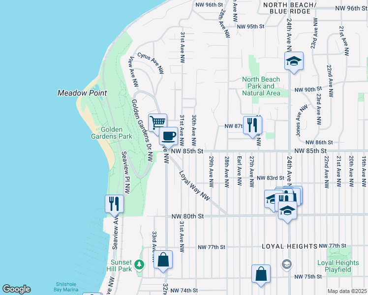 map of restaurants, bars, coffee shops, grocery stores, and more near 8507 31st Avenue Northwest in Seattle