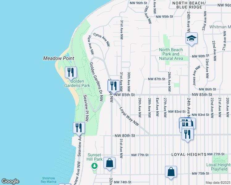 map of restaurants, bars, coffee shops, grocery stores, and more near 8516 32nd Avenue Northwest in Seattle