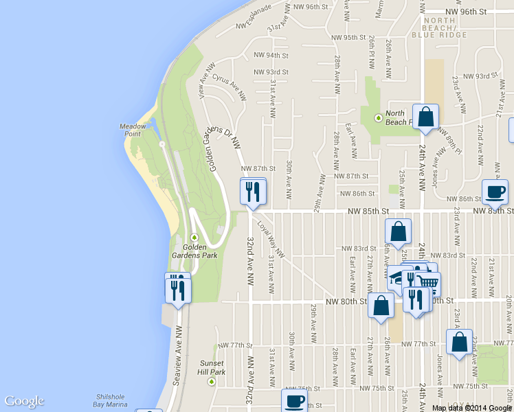 map of restaurants, bars, coffee shops, grocery stores, and more near 8516 32nd Avenue Northwest in Seattle
