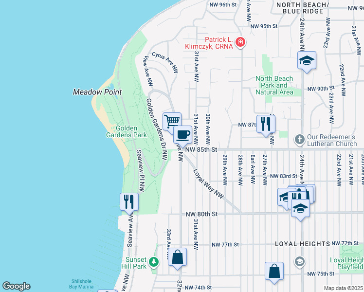 map of restaurants, bars, coffee shops, grocery stores, and more near 8516 32nd Avenue Northwest in Seattle