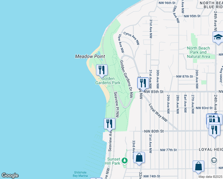 map of restaurants, bars, coffee shops, grocery stores, and more near 8015 Seaview Avenue Northwest in Seattle