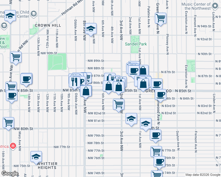 map of restaurants, bars, coffee shops, grocery stores, and more near 346 Northwest 85th Street in Seattle